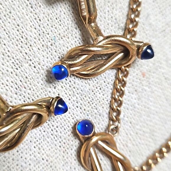 Vintage Swank 30s Blue Glass Tipped Gold Filled Cufflinks Tie Clip Set - Picture 3 of 9